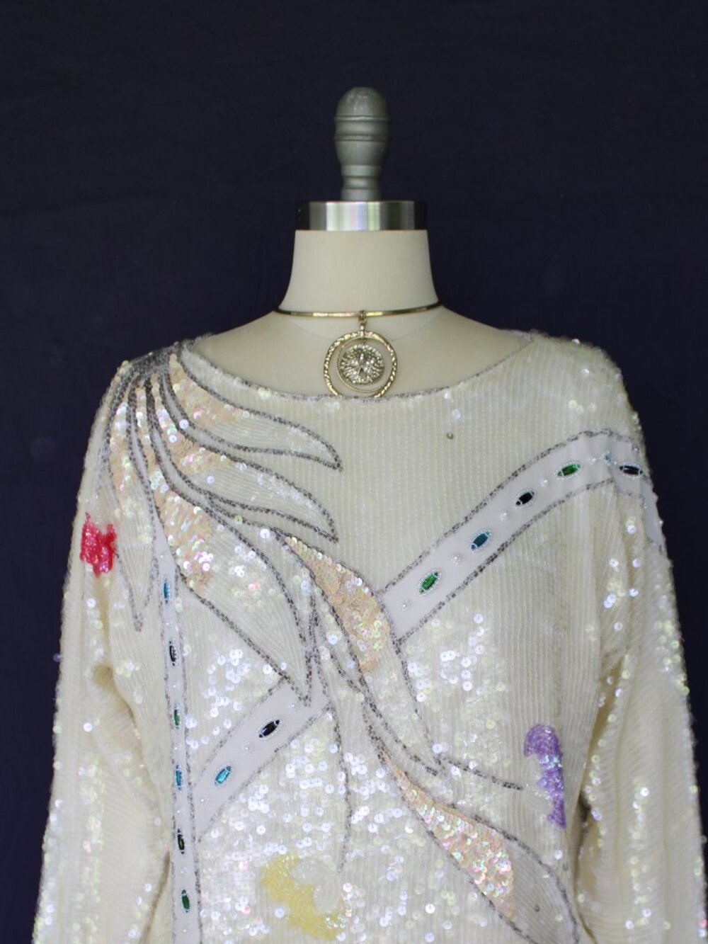 Oleg Cassini vintage 80s sequin beaded opalescent silver silk dress top tunic M - Picture 7 of 11